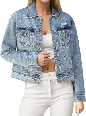 2023 Women Denim Jackets Oversize Long Sleeve Basic Button Down Jean Jacket with Pockets Fashion Trendy Petite Cropped Coats