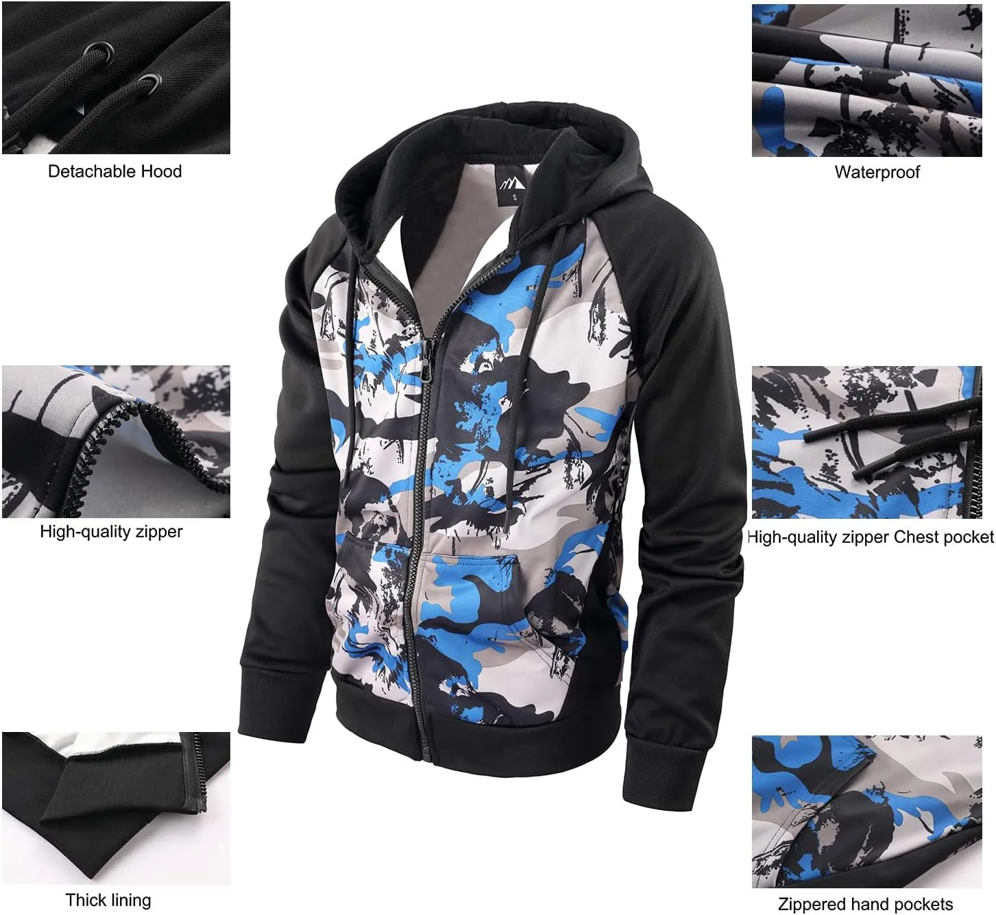 AFILOK Men's Zip Up Hoodie Fleece lightweight Sweatshirt Camo Color Block Fashion Long Sleeve Hooded WIth Kanga Pocket