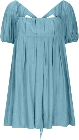 Babydoll Dress for Women 2025 Cute Puff Sleeve Square Neck Short Dresses Pleated Aline Cross Lace Up Backless Mini Dress