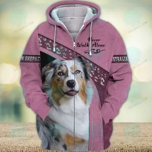 Blue Merle Australian Shepherd Love Never Walk Alone 3D Full Print Shirts, Christmas Dog Memorial Gifts for loss of Dog