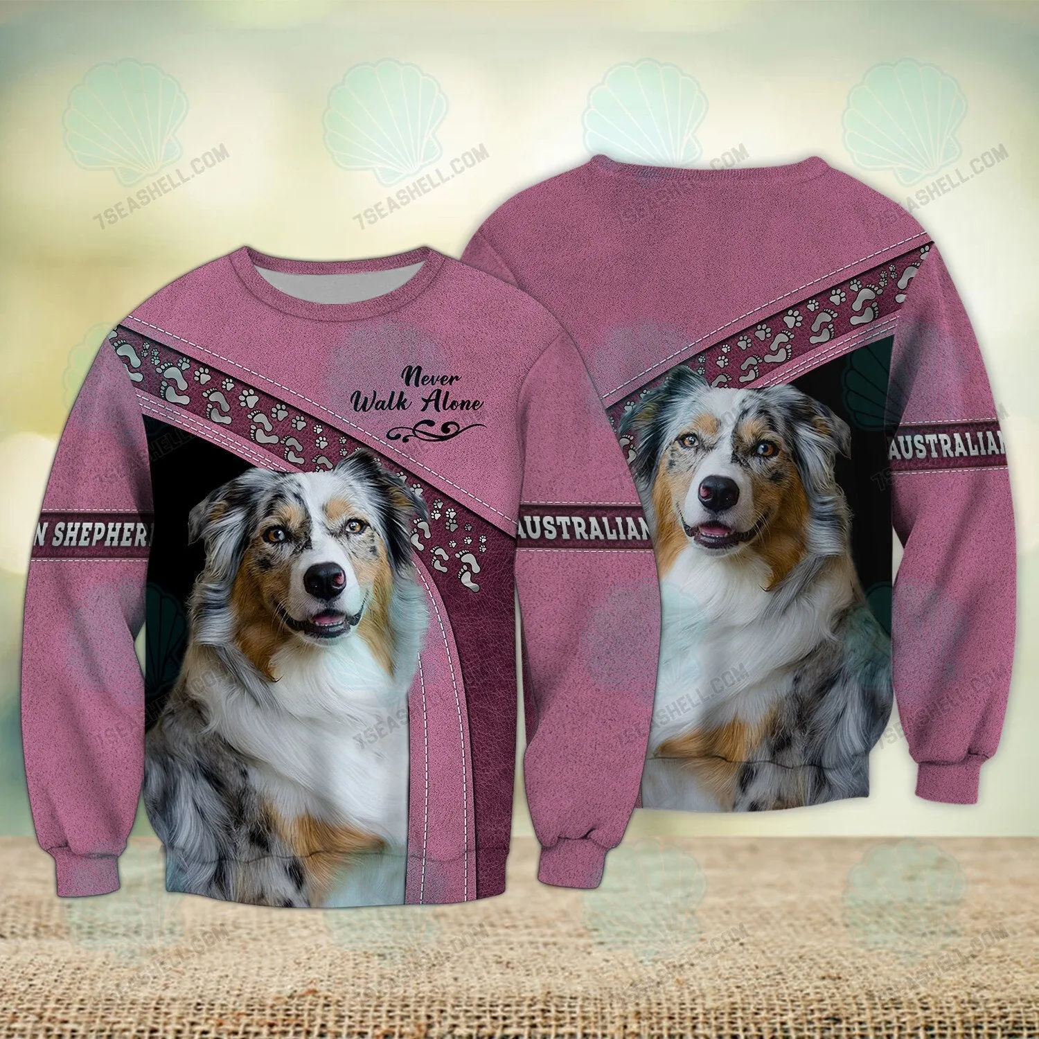 Blue Merle Australian Shepherd Love Never Walk Alone 3D Full Print Shirts, Christmas Dog Memorial Gifts for loss of Dog