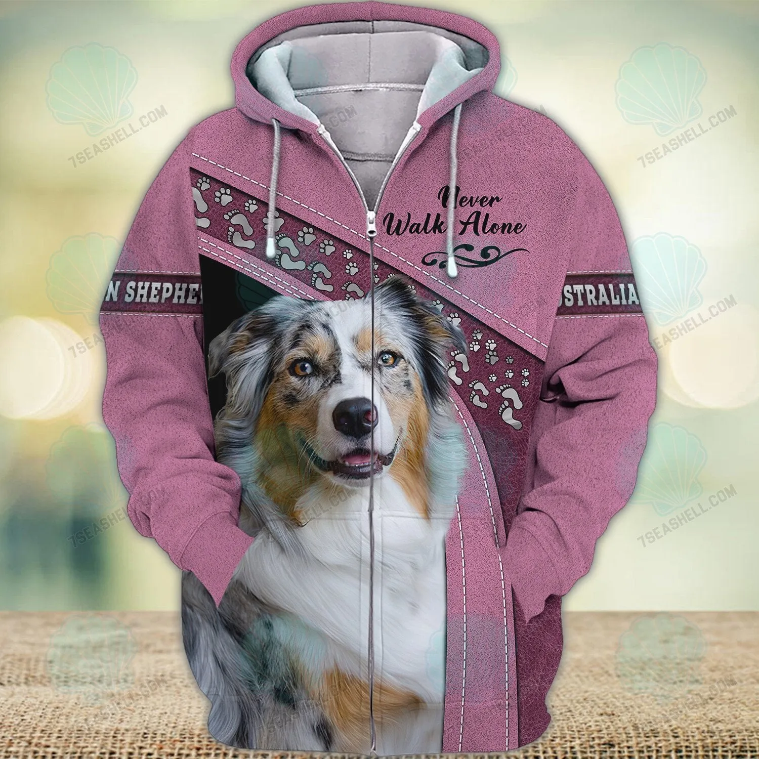 Blue Merle Australian Shepherd Love Never Walk Alone 3D Full Print Shirts, Christmas Dog Memorial Gifts for loss of Dog