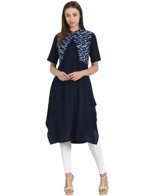 Blue Sleevless Rayon Kurta With Printed Cotton Half Sleeve Jacket