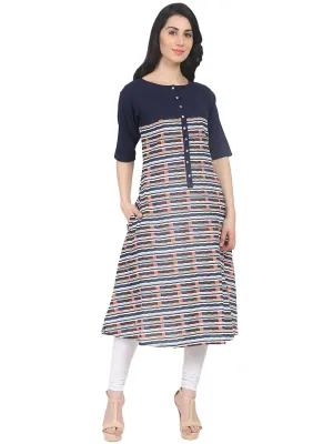Blue Striped Half Sleeve Cotton A-Line Kurta With Side Pocket