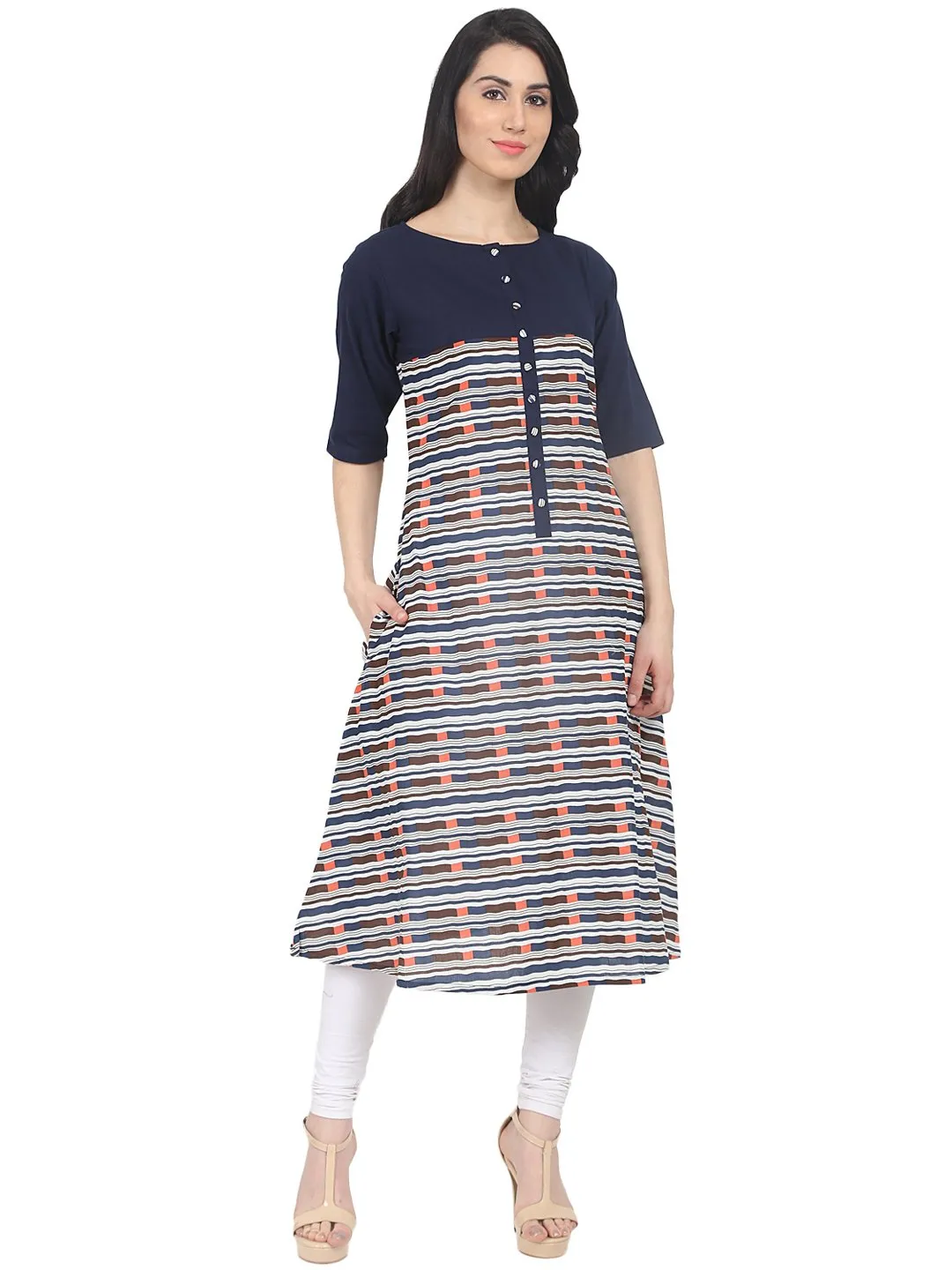 Blue Striped Half Sleeve Cotton A-Line Kurta With Side Pocket