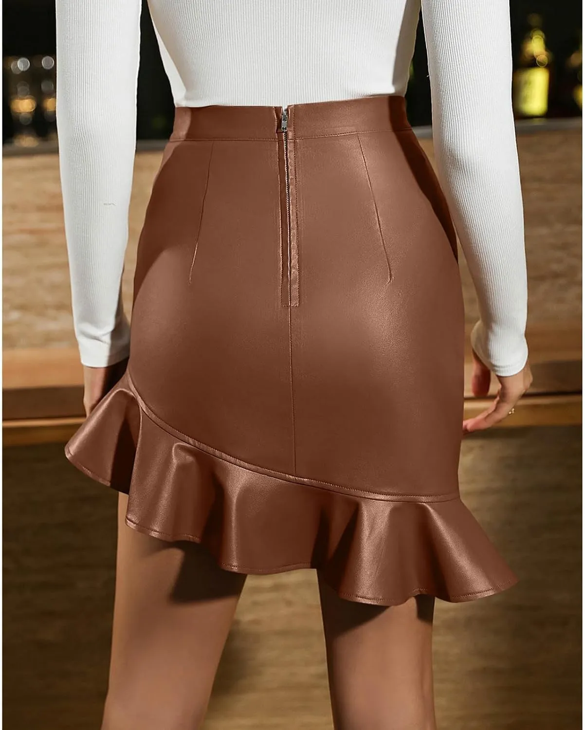 Bodycon Mini Skirts for Women Fashion Faux Leather Elastic High Waisted Skort Elegant Ruffle Hem Pencil Short Skirts