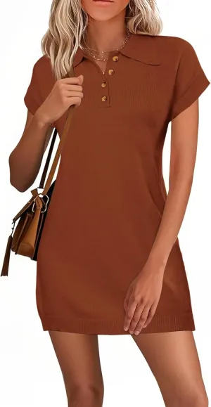 Chulianyouhuo Women's Short Sleeve Summer Knit Dress 2025 Casual Button Down Mini Loose Pullover Sweater Dress
