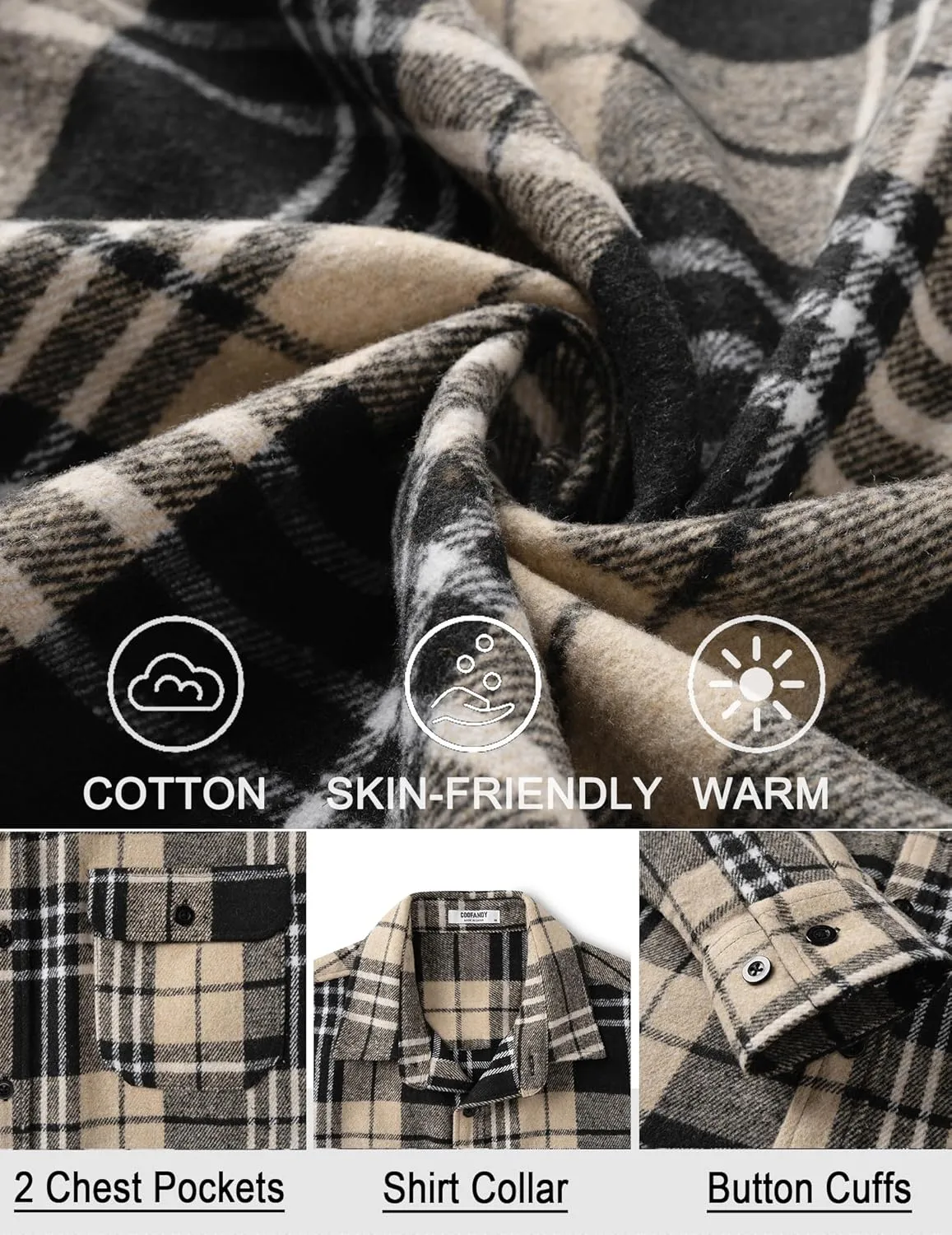COOFANDY Mens Flannel Shirts Long Sleeve Plaid Shirt Jacket Button Down Shirt with Pockets