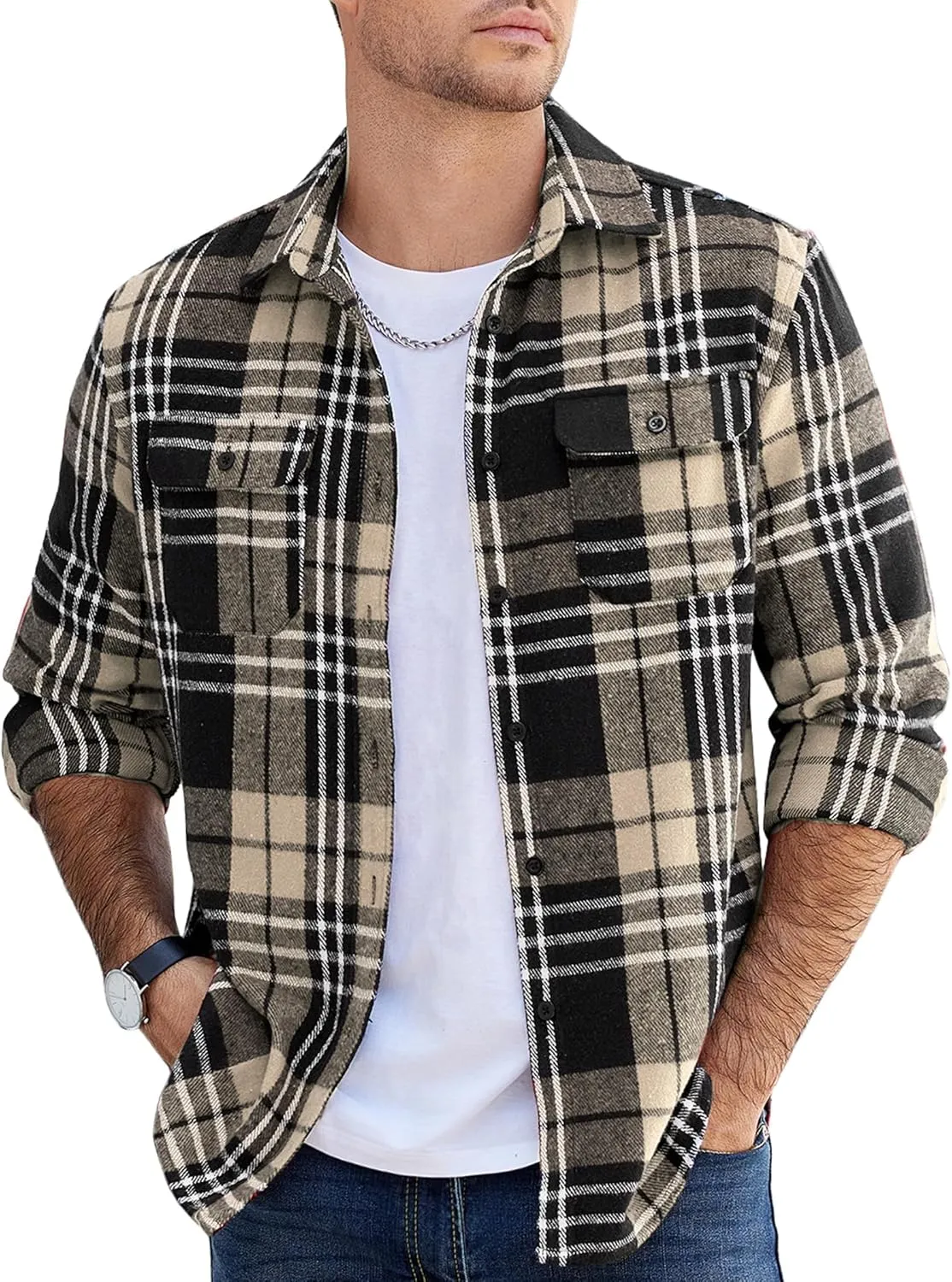 COOFANDY Mens Flannel Shirts Long Sleeve Plaid Shirt Jacket Button Down Shirt with Pockets