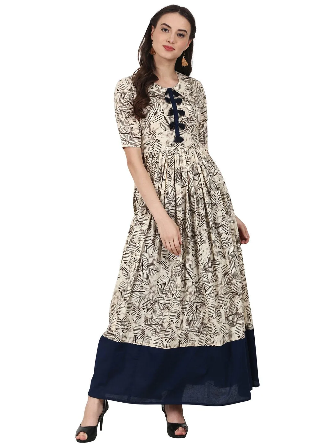 Cream Printed Half Sleeve Cotton Anarkali Kurta