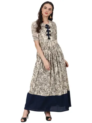 Cream Printed Half Sleeve Cotton Anarkali Kurta