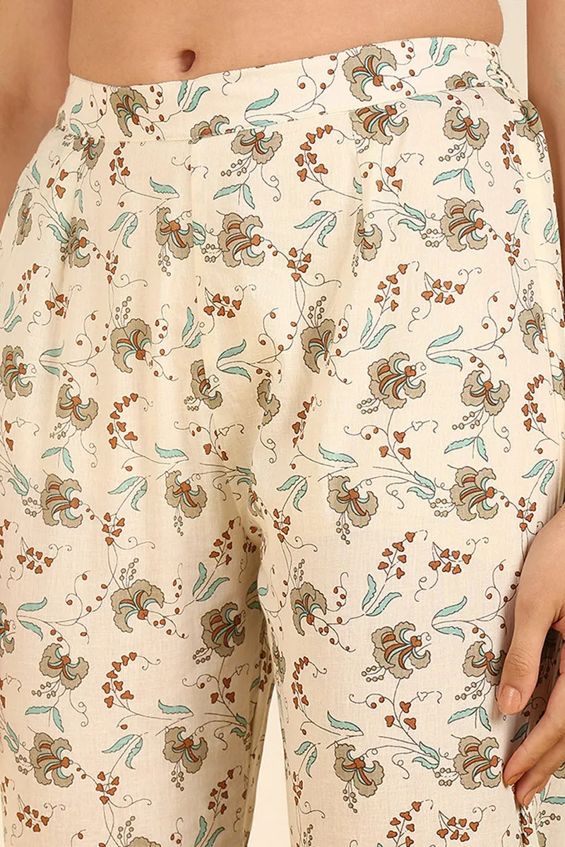 Cream Pure Cotton Ethnic Motifs Printed Straight Suit Set