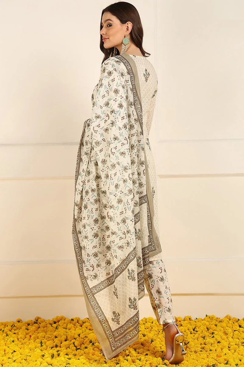 Cream Pure Cotton Ethnic Motifs Printed Straight Suit Set