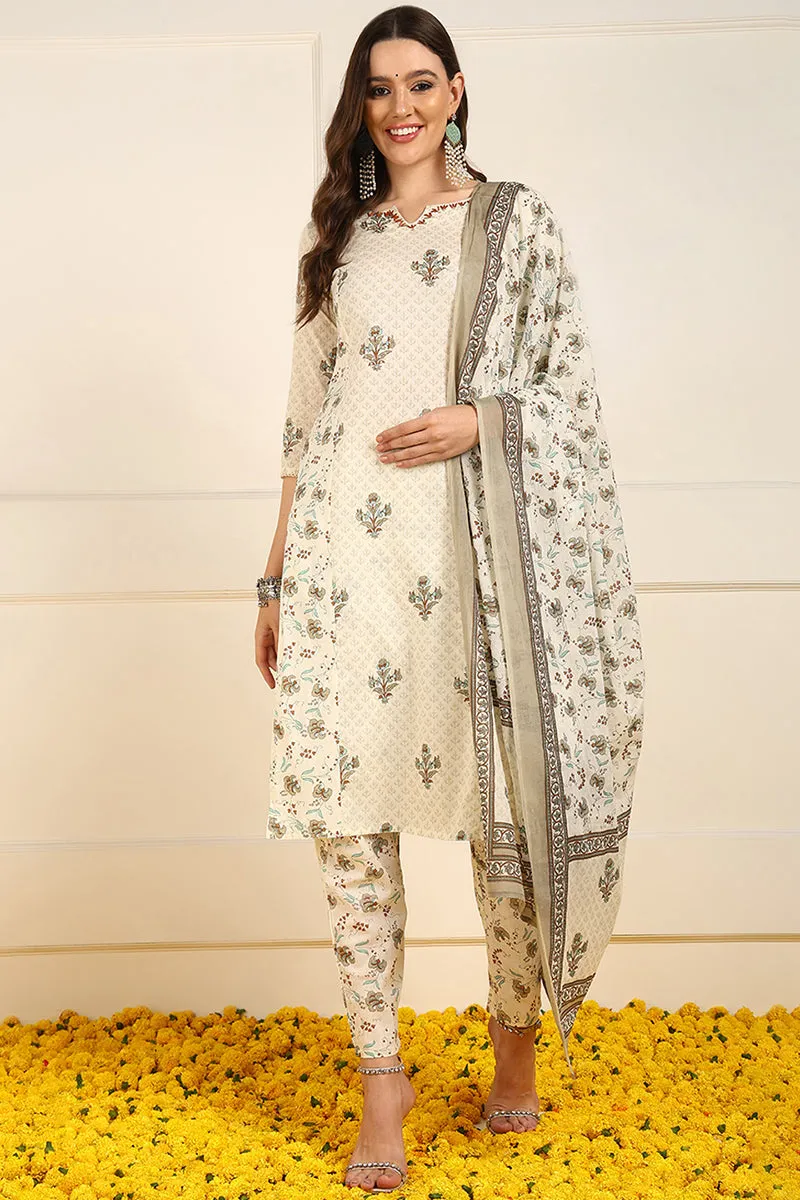 Cream Pure Cotton Ethnic Motifs Printed Straight Suit Set
