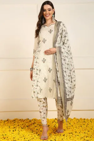 Cream Pure Cotton Ethnic Motifs Printed Straight Suit Set