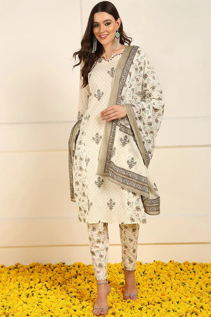 Cream Pure Cotton Ethnic Motifs Printed Straight Suit Set