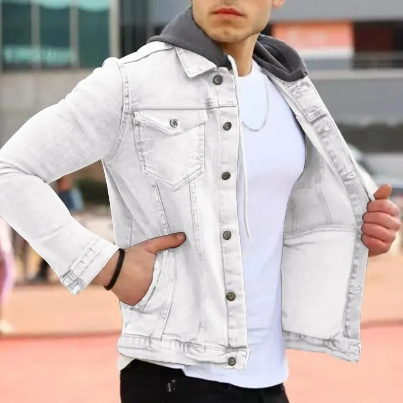 Denim Hoodie Military Jacket for Men Casual Slim Fit Button Down Jeans Coat Fashion Winter Denim Trucker Jacket
