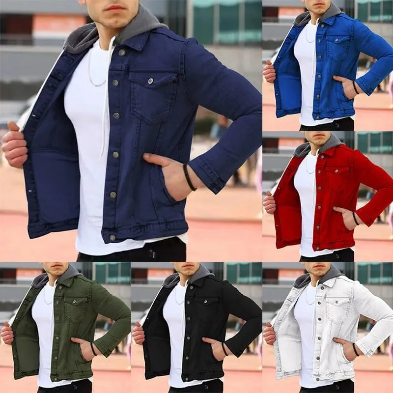 Denim Hoodie Military Jacket for Men Casual Slim Fit Button Down Jeans Coat Fashion Winter Denim Trucker Jacket