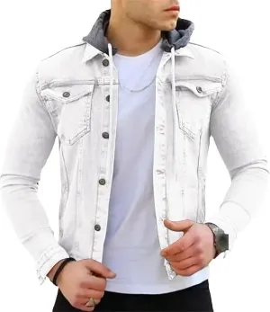 Denim Hoodie Military Jacket for Men Casual Slim Fit Button Down Jeans Coat Fashion Winter Denim Trucker Jacket