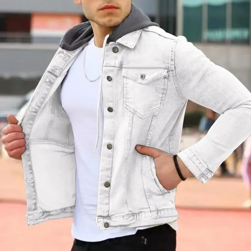 Denim Hoodie Military Jacket for Men Casual Slim Fit Button Down Jeans Coat Fashion Winter Denim Trucker Jacket