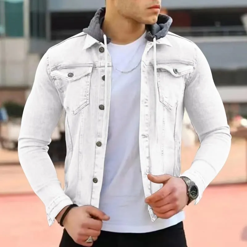 Denim Hoodie Military Jacket for Men Casual Slim Fit Button Down Jeans Coat Fashion Winter Denim Trucker Jacket