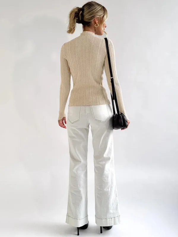 Elegant long-sleeved half turtleneck knitted top