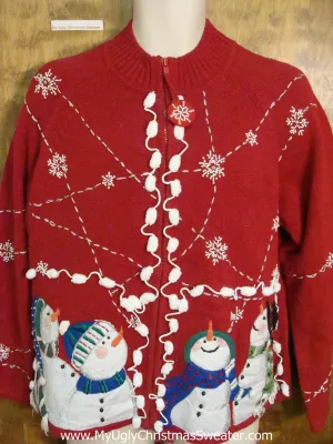 Fantastic Ugly Christmas Sweater with Snowmen and Pom Poms