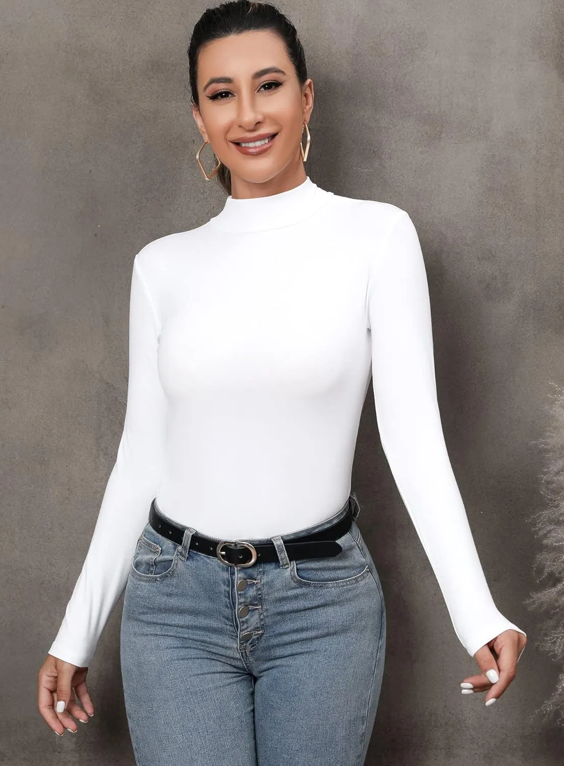 FOUGEDE Women's Mock Turtleneck Long Sleeve/Sleeveless/Half Sleeve/Short Sleeve/Crop Top Basic Fitted Stretch Slim Tops