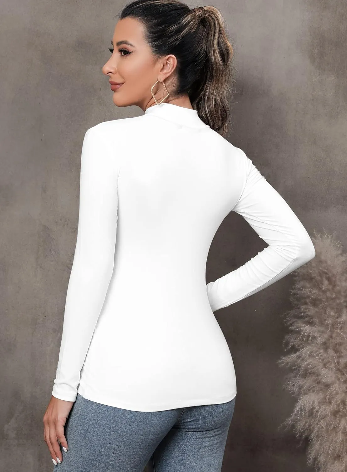 FOUGEDE Women's Mock Turtleneck Long Sleeve/Sleeveless/Half Sleeve/Short Sleeve/Crop Top Basic Fitted Stretch Slim Tops