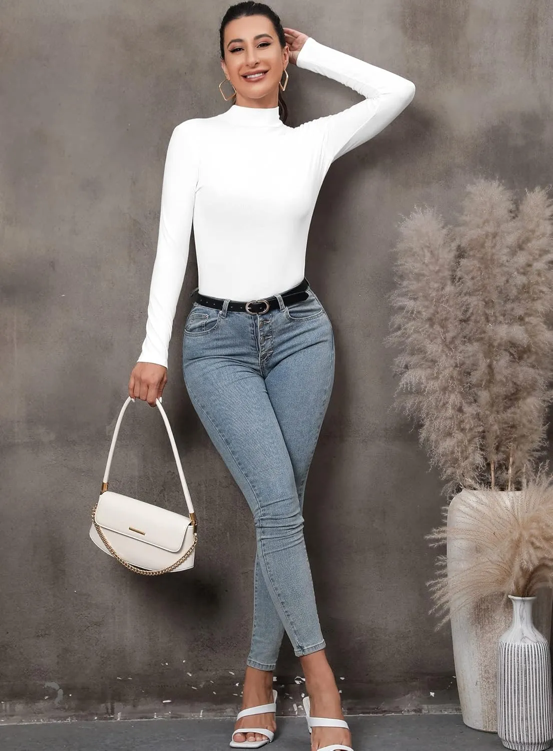 FOUGEDE Women's Mock Turtleneck Long Sleeve/Sleeveless/Half Sleeve/Short Sleeve/Crop Top Basic Fitted Stretch Slim Tops