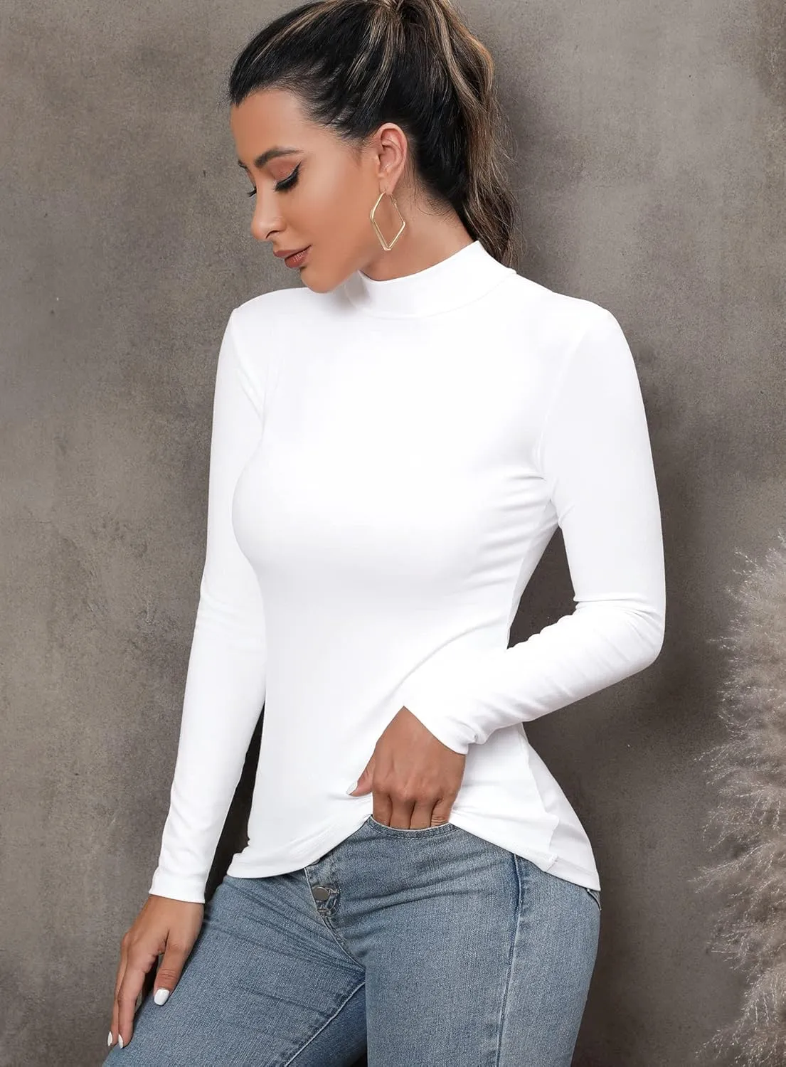 FOUGEDE Women's Mock Turtleneck Long Sleeve/Sleeveless/Half Sleeve/Short Sleeve/Crop Top Basic Fitted Stretch Slim Tops