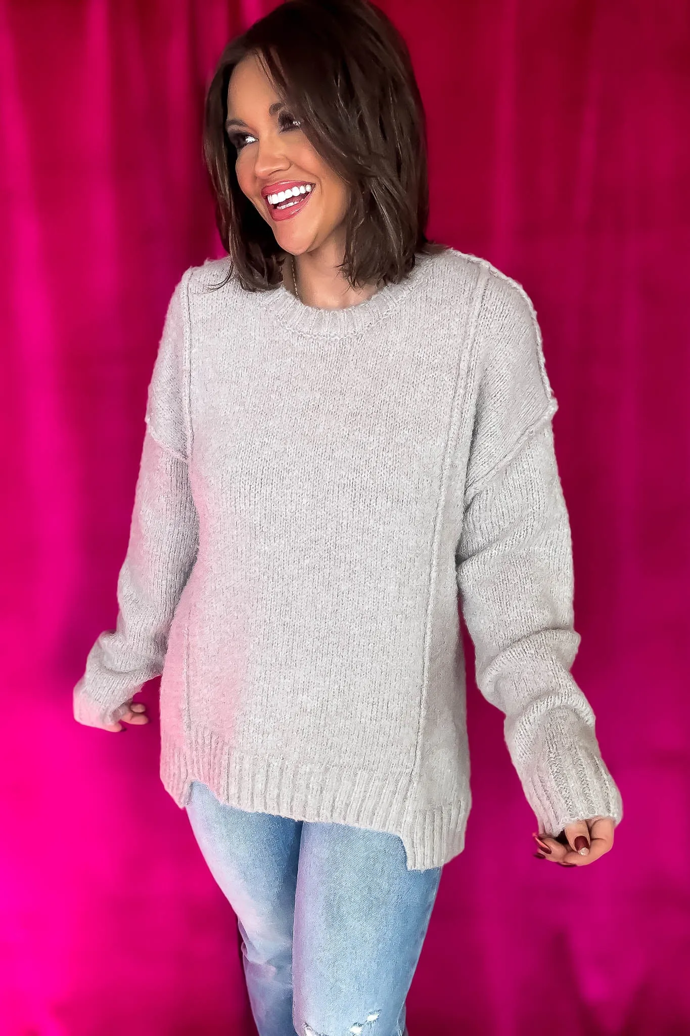 Fuzzy Feeling Grey Oversized Knit Pullover Sweater Top
