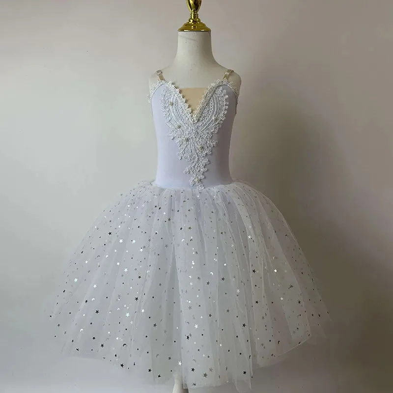 Girls Ballet Skirt Sequins Professional Tutu Long Dress Dance Costume