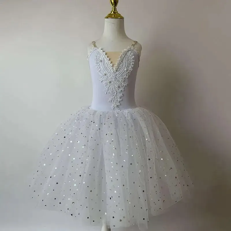 Girls Ballet Skirt Sequins Professional Tutu Long Dress Dance Costume