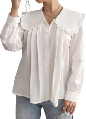 GORGLITTER Women's Peter Pan Collar Shirt Blouse Long Sleeve Ruffle Large Doll Collar Button Shirt Tops Trendy 2025