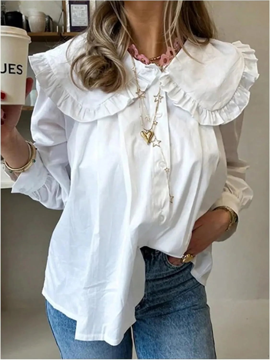 GORGLITTER Women's Peter Pan Collar Shirt Blouse Long Sleeve Ruffle Large Doll Collar Button Shirt Tops Trendy 2025
