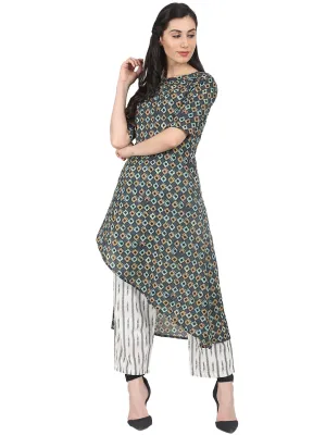 Grey Printed Half Sleeve Cotton Asymetric Kutra With Off White Printed Regular Fit Palazzo
