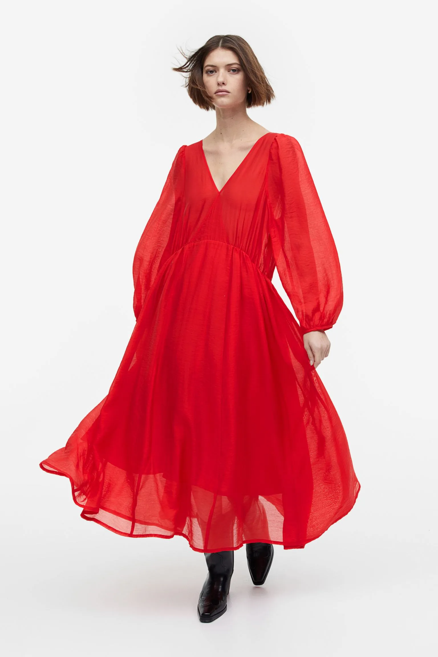 H&M Balloon-sleeved V-neck dress, red