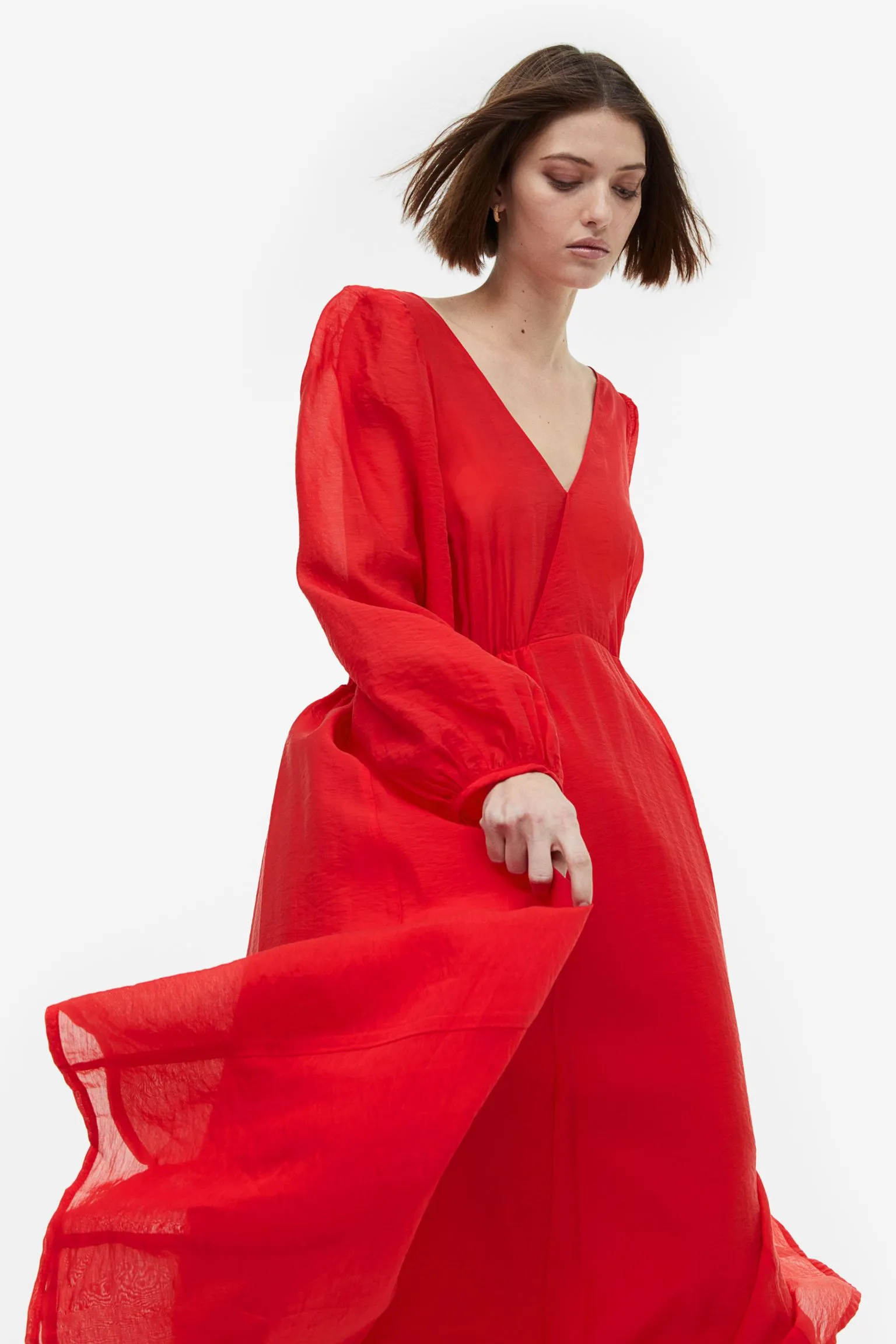 H&M Balloon-sleeved V-neck dress, red