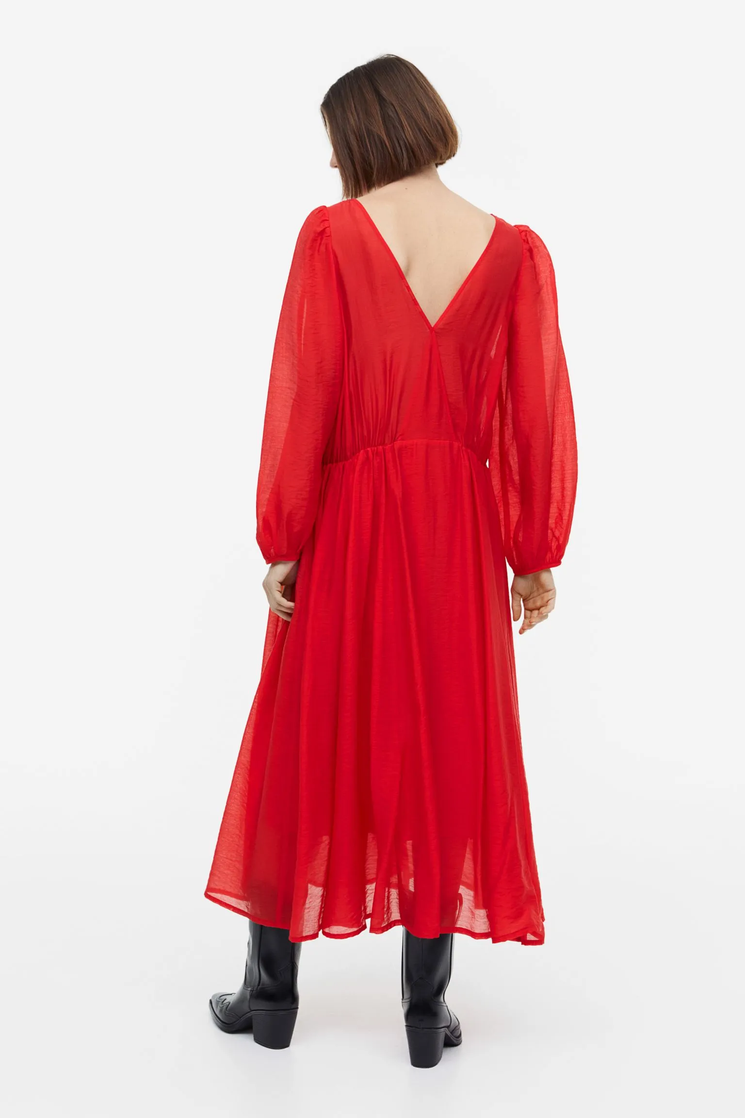 H&M Balloon-sleeved V-neck dress, red