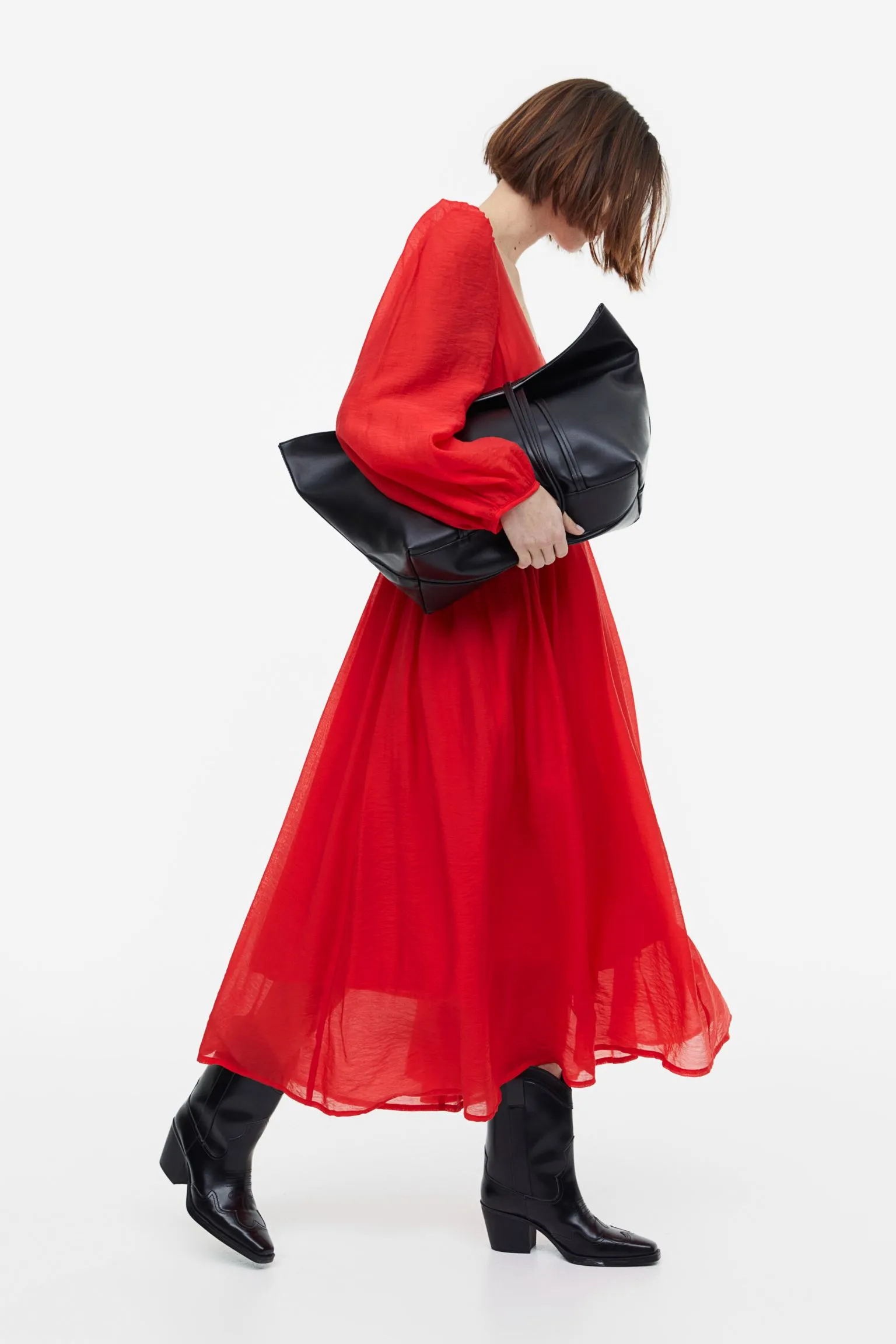 H&M Balloon-sleeved V-neck dress, red