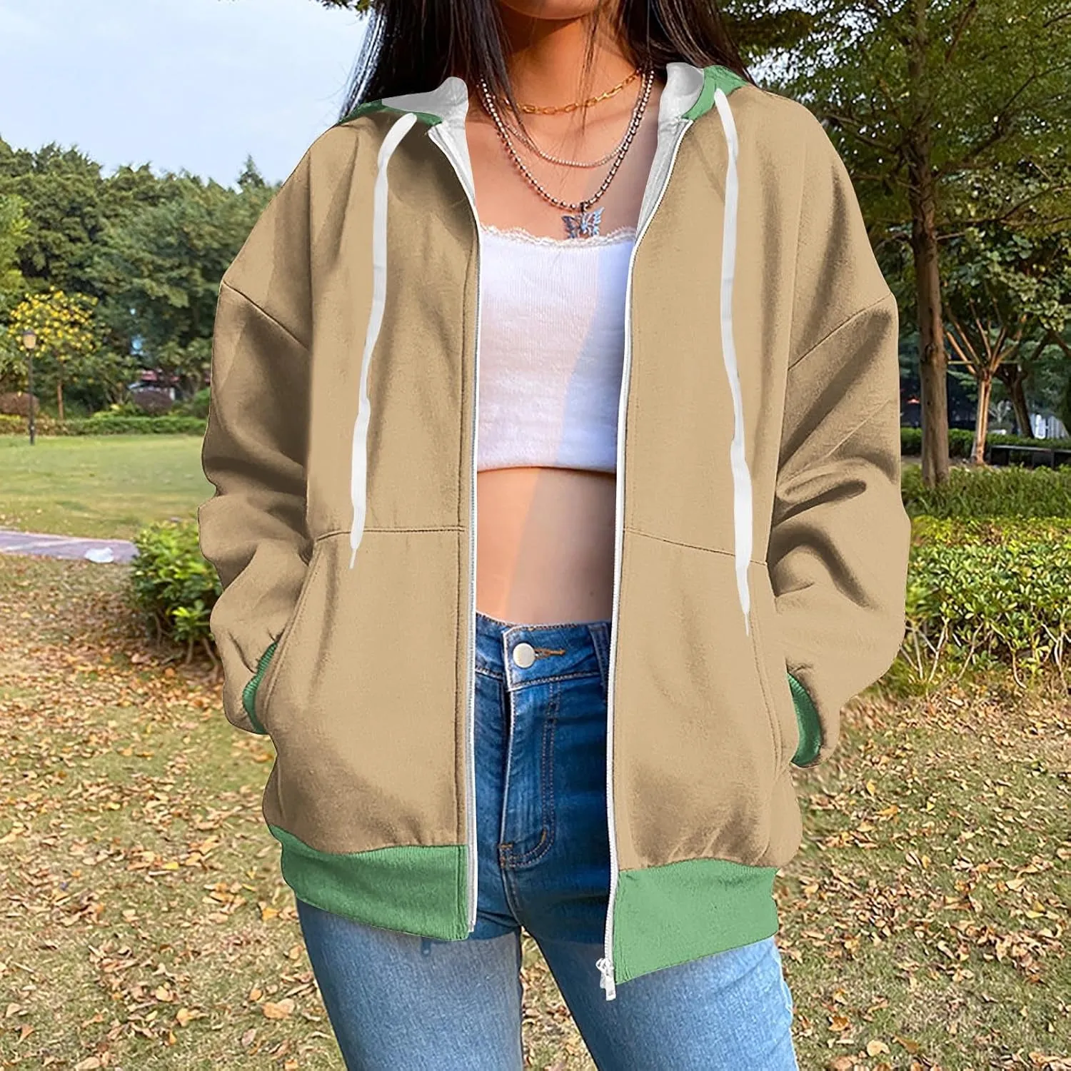 HGps8w Women's Colorblock Casual Drawstring Zip Up Hoodie Sweatshirt Loose Long Sleeve Hooded Jackets Outwear with Pockets