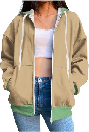 HGps8w Women's Colorblock Casual Drawstring Zip Up Hoodie Sweatshirt Loose Long Sleeve Hooded Jackets Outwear with Pockets