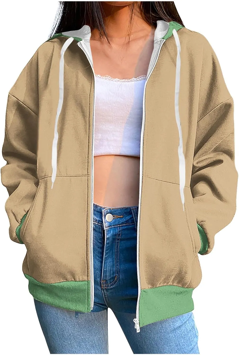 HGps8w Women's Colorblock Casual Drawstring Zip Up Hoodie Sweatshirt Loose Long Sleeve Hooded Jackets Outwear with Pockets