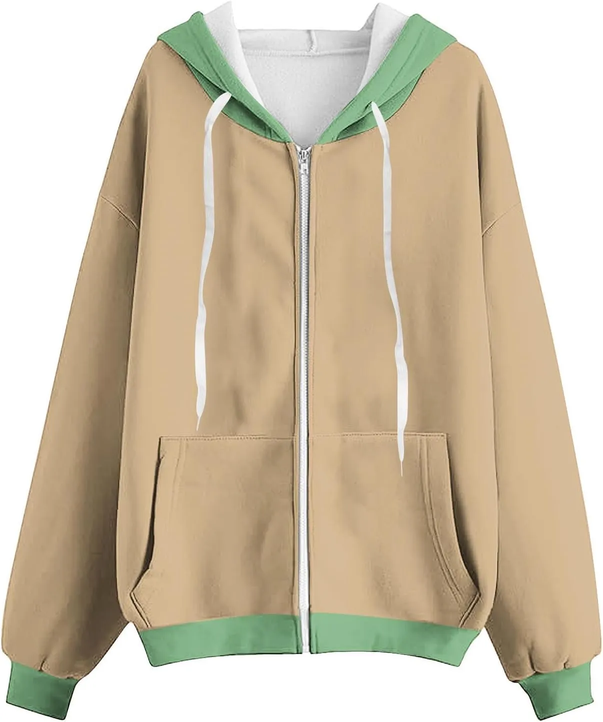 HGps8w Women's Colorblock Casual Drawstring Zip Up Hoodie Sweatshirt Loose Long Sleeve Hooded Jackets Outwear with Pockets