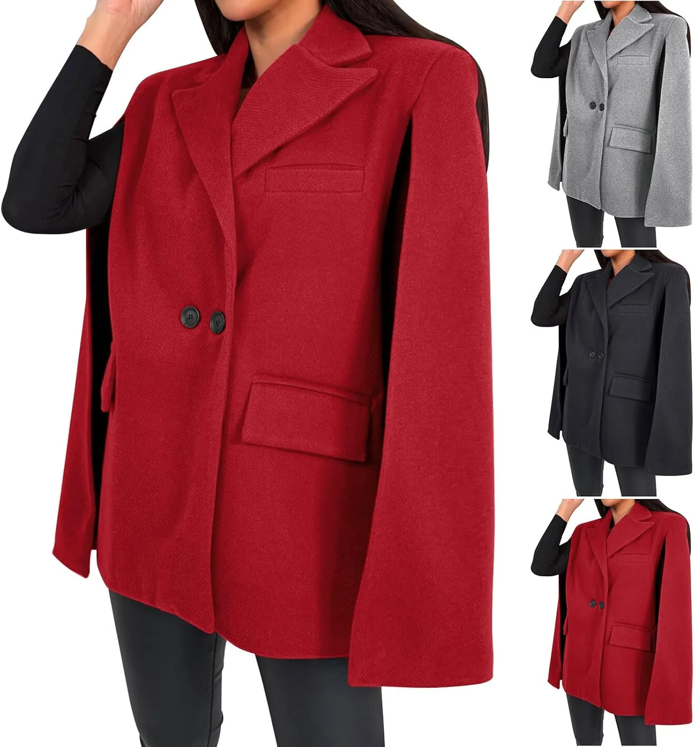 HGps8w Womens Elegant Cape Blazer - Dressy Double Breasted Casual Split Long Sleeve Open Front Coat Jackets with Shoulder Pad
