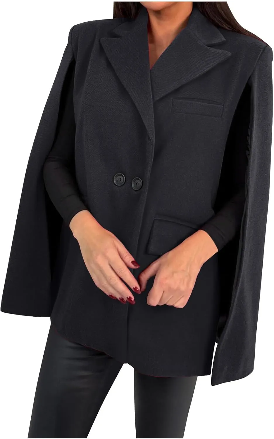 HGps8w Womens Elegant Cape Blazer - Dressy Double Breasted Casual Split Long Sleeve Open Front Coat Jackets with Shoulder Pad