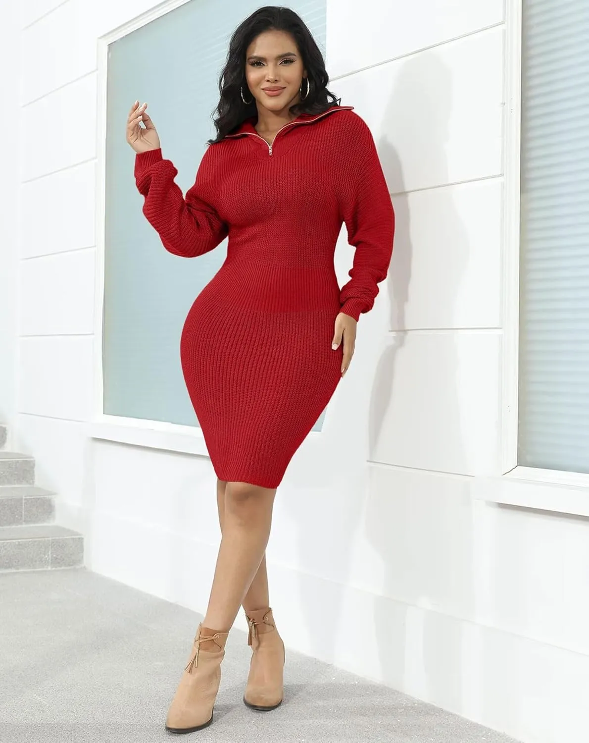 IyMoo Women's 2025 V Neck Ribbed Long Sleeve Bodycon Pullover Cute Mini Sweater Dress