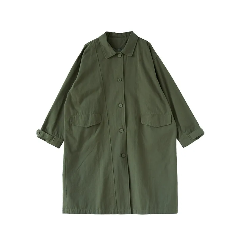 Japanese Retro Silhouette Windbreaker Solid Color Loose Mid-Length Lapel Jacket Slimming Design