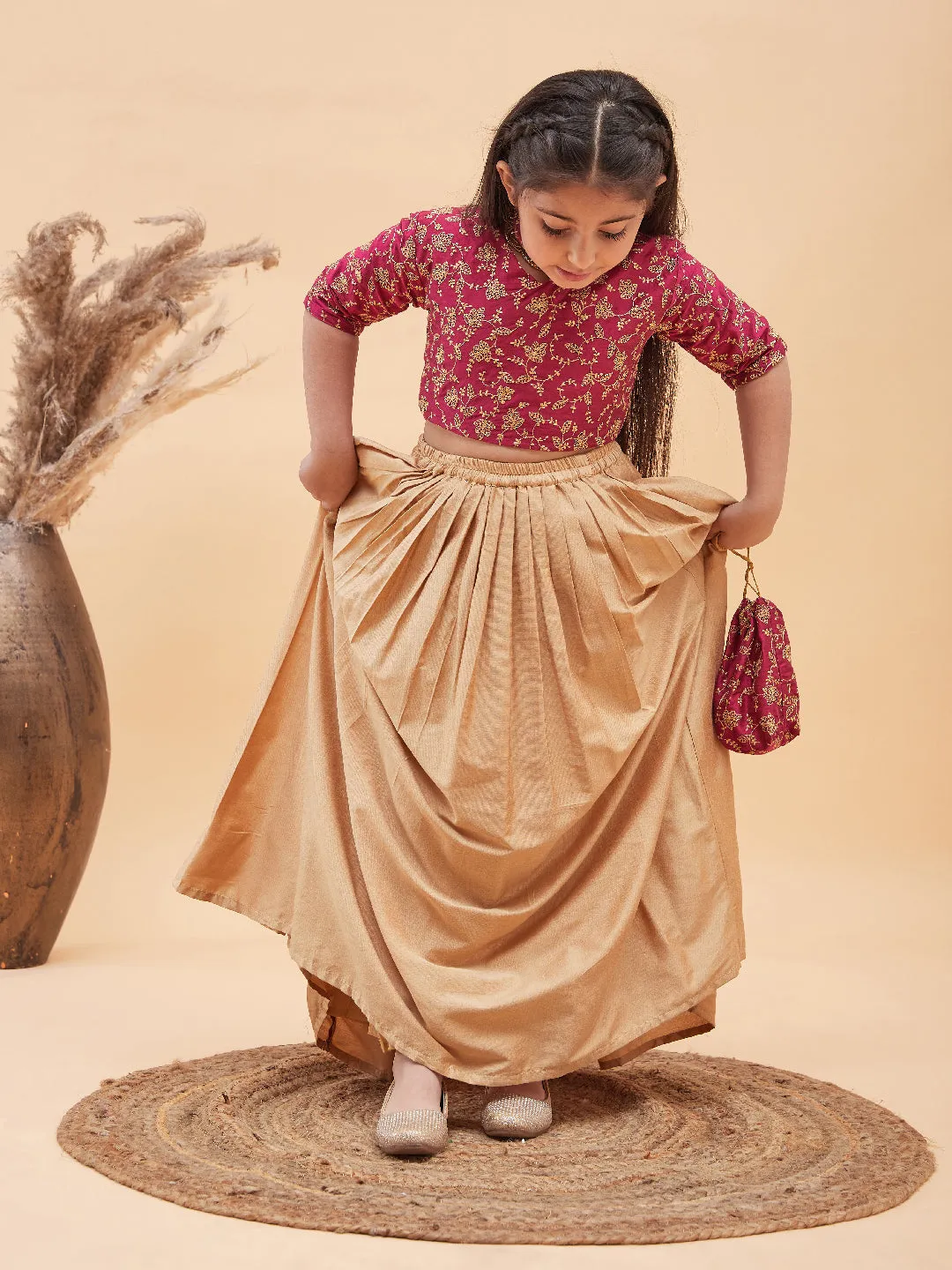 Jashvi Girl's Pink Top And Long Skirt Lehenga Set With Bag And Necklace